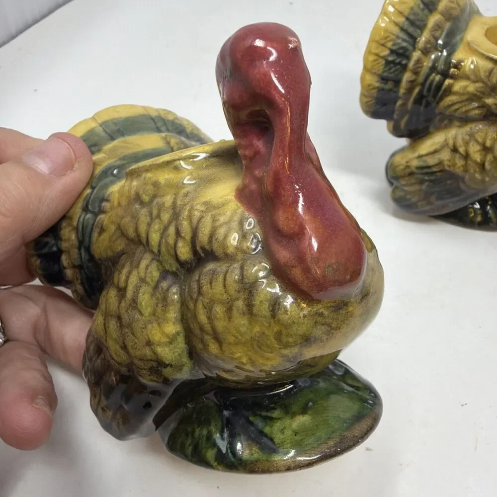 Vintage Japan Napcoware Hand-Painted Ceramic Turkey Candlesticks - Set of Two